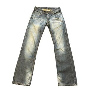 Flypaper Mens Distressed Whiskered Blue Denim Straight Leg Jeans 29x32 Y2K Style